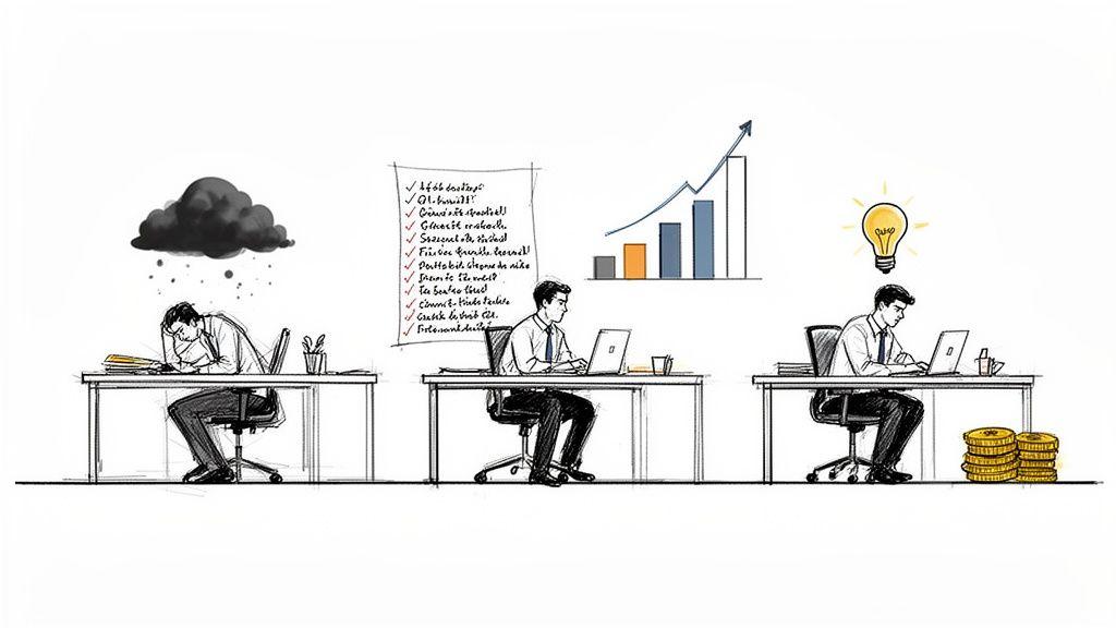 Illustrating employee journey from burnout and stress to productivity, innovative ideas, and financial success.