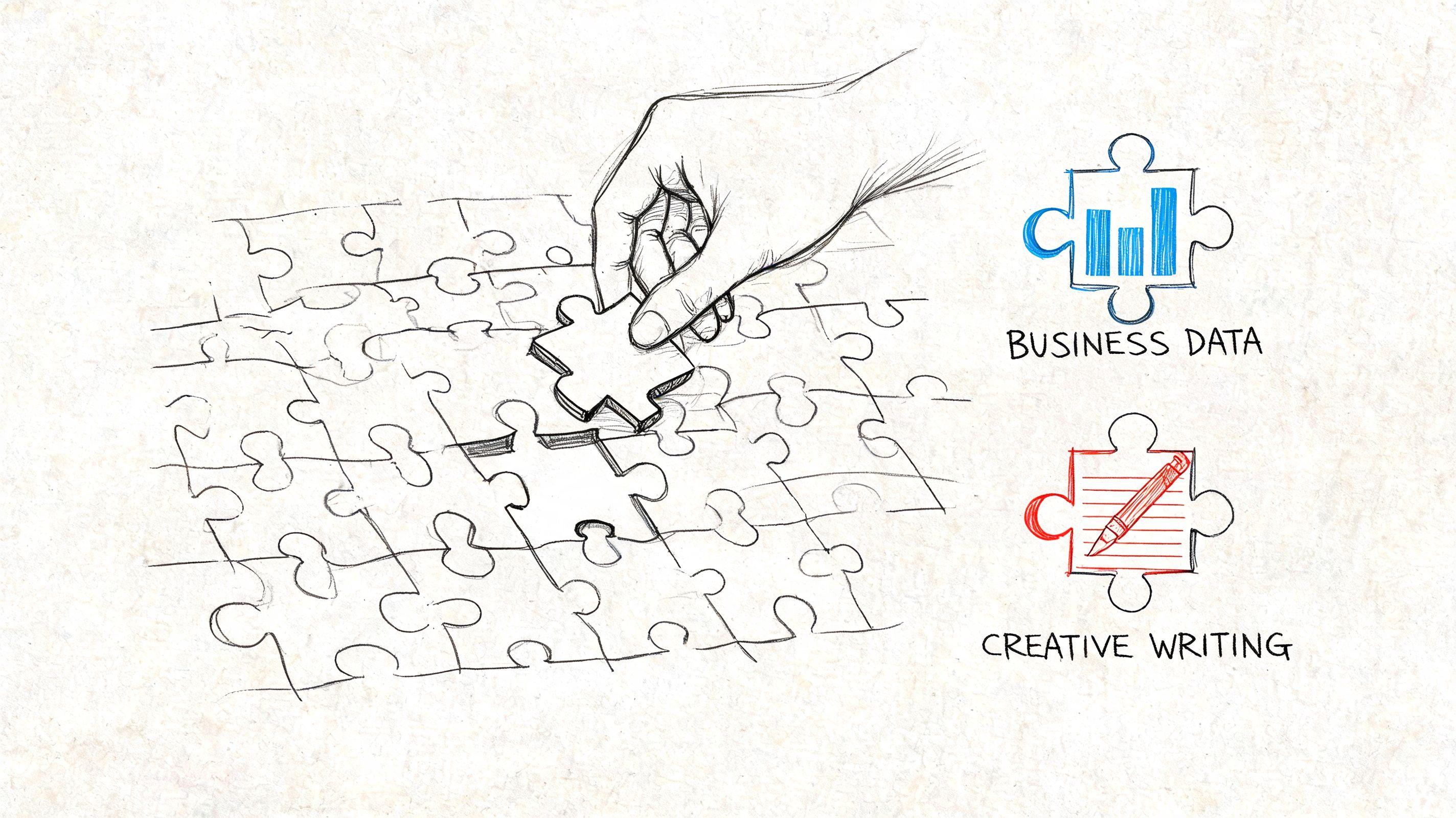 A hand placing a puzzle piece into a sketch representing the integration of business data and creative writing.