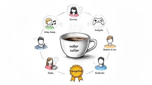 A hand-drawn diagram showing a 'water coller' coffee cup connecting diverse people with different hobbies and a 'recognition' badge.