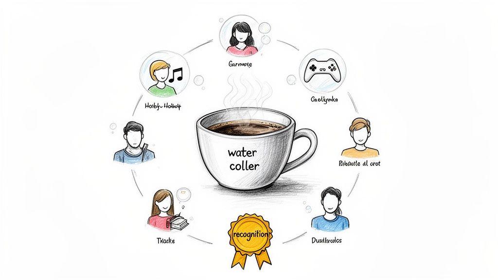 A hand-drawn diagram showing a 'water coller' coffee cup connecting diverse people with different hobbies and a 'recognition' badge.