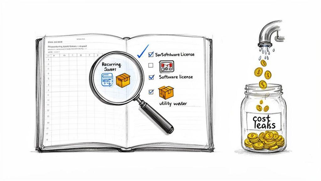 A magnifying glass inspecting recurring costs in a spreadsheet, next to a jar collecting money from cost leaks.