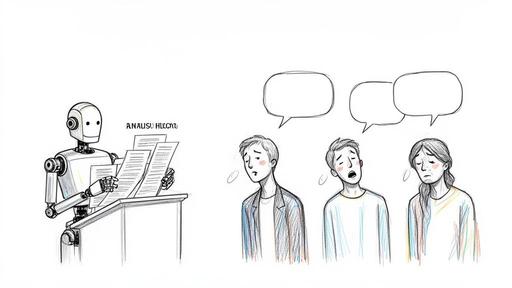 A robot at a podium reads documents to three bored and dejected human figures, illustrating AI's impact.