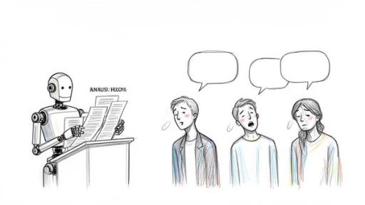 A robot at a podium reads documents to three bored and dejected human figures, illustrating AI's impact.