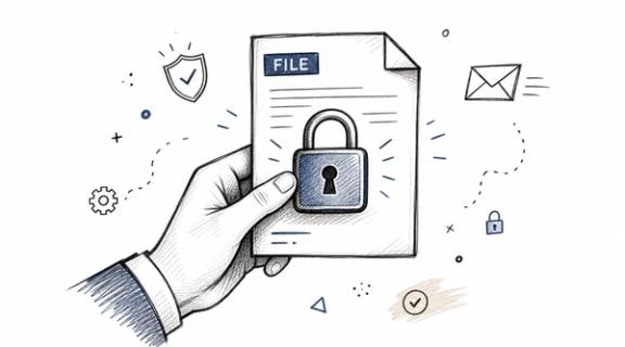 A hand holding a document with a locked padlock icon, representing secure file and email communication.