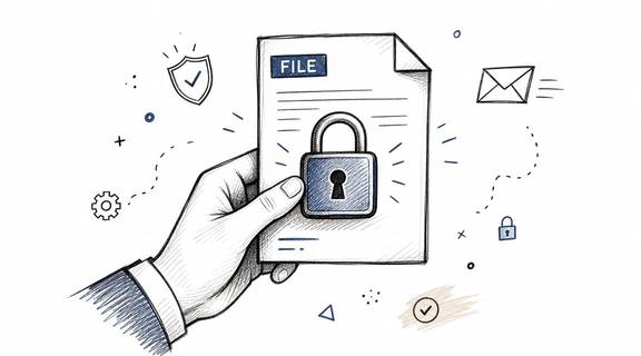 A hand holding a document with a locked padlock icon, representing secure file and email communication.