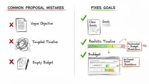 Diagram illustrating common project proposal mistakes like vague objectives and tangled timelines, alongside their effective fixes.