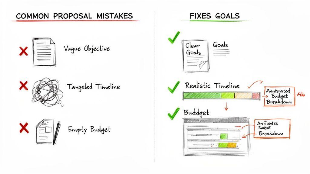 Diagram illustrating common project proposal mistakes like vague objectives and tangled timelines, alongside their effective fixes.