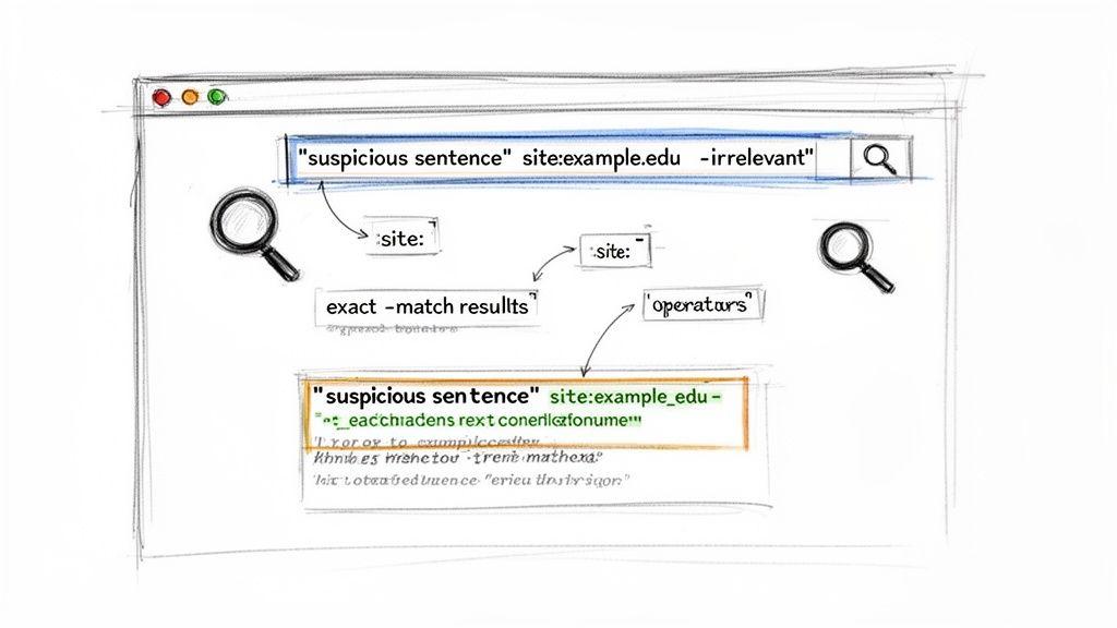 A sketch illustrating advanced Google search techniques using quotes, "site:" operator, and exclusion for precise results.