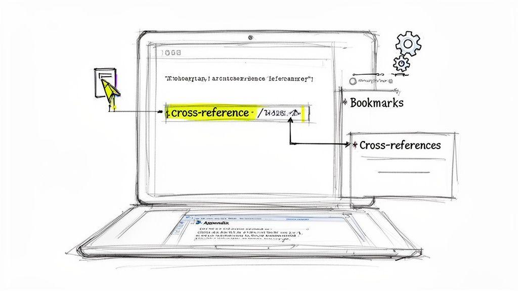 A sketch of a laptop screen displaying document cross-references, bookmarks, and an appendix section.