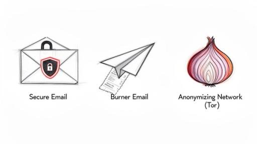 Three illustrations depicting secure email, a burner email, and an anonymizing network (Tor) for online privacy.