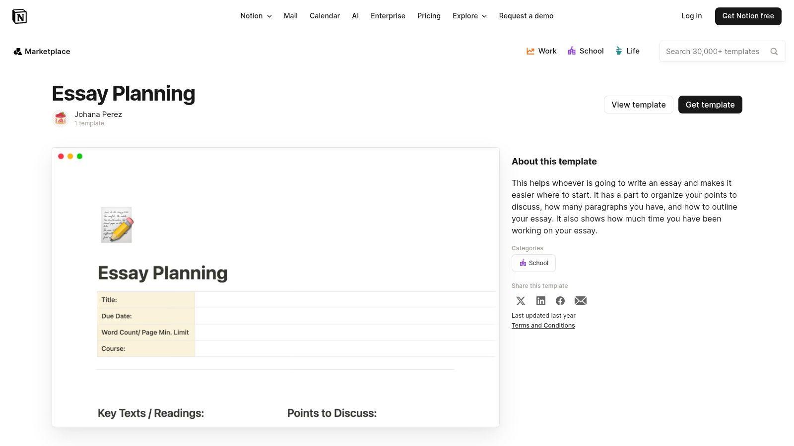 Notion Template Marketplace (Essay Planning Template)