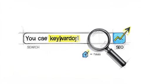A hand-drawn sketch of a search bar with 'Your keyword' highlighted, a magnifying glass, and an SEO button with an upward arrow graph.