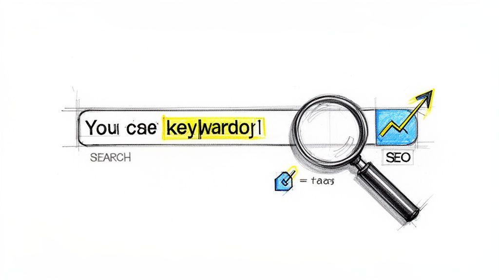 A hand-drawn sketch of a search bar with 'Your keyword' highlighted, a magnifying glass, and an SEO button with an upward arrow graph.