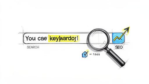 A hand-drawn sketch of a search bar with 'Your keyword' highlighted, a magnifying glass, and an SEO button with an upward arrow graph.