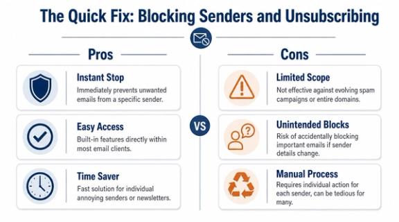 An infographic comparing the pros and cons of blocking email senders and unsubscribing from newsletters.
