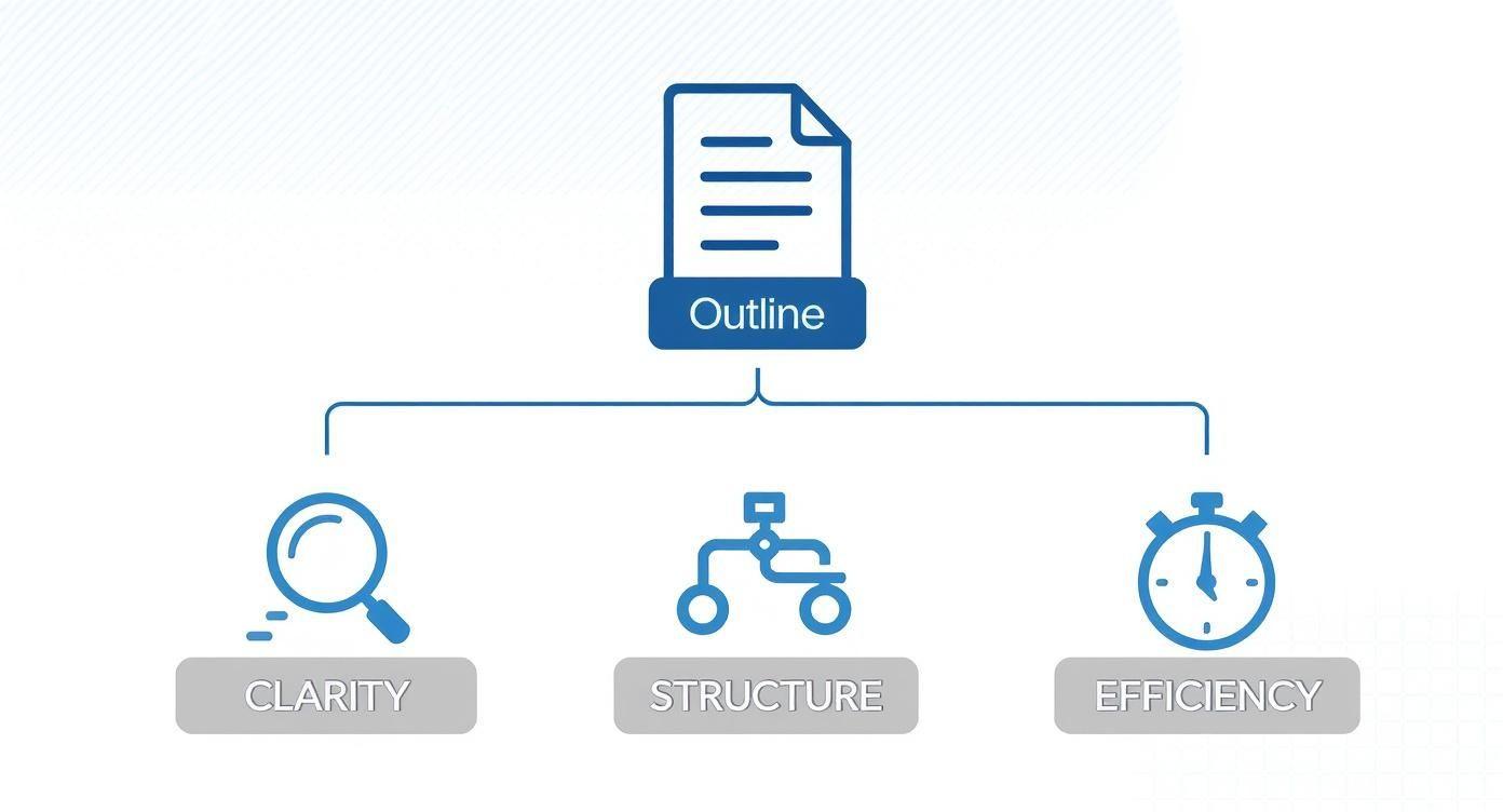 A visual diagram showing an outline leading to clarity, structure, and efficiency with respective icons.