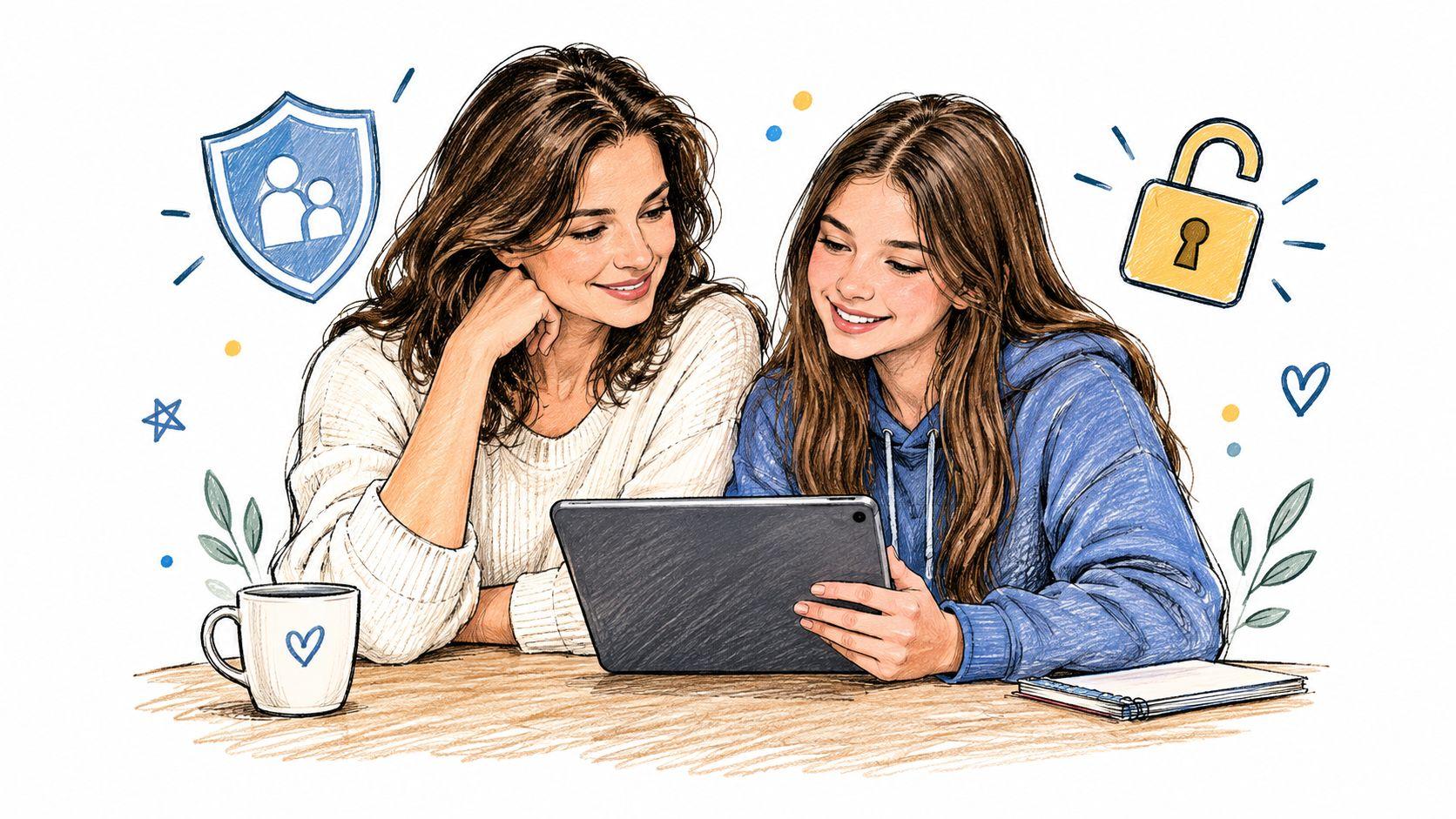 A woman and her daughter looking at a digital tablet together with safety and security icons.