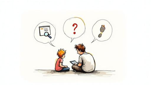 A cartoon of an adult and child discussing online safety, with search, question, and footprint thought bubbles.