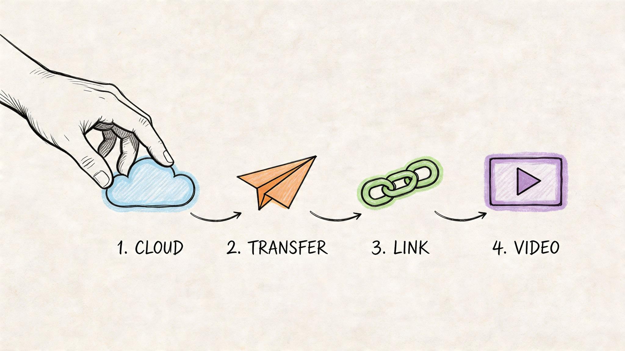 A hand touches a cloud icon leading to a paper plane, link chain, and video play button.
