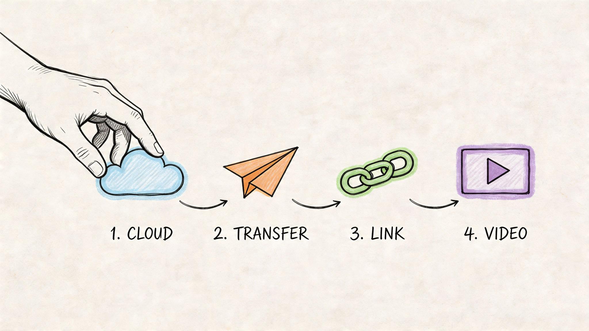 A hand touches a cloud icon leading to a paper plane, link chain, and video play button.