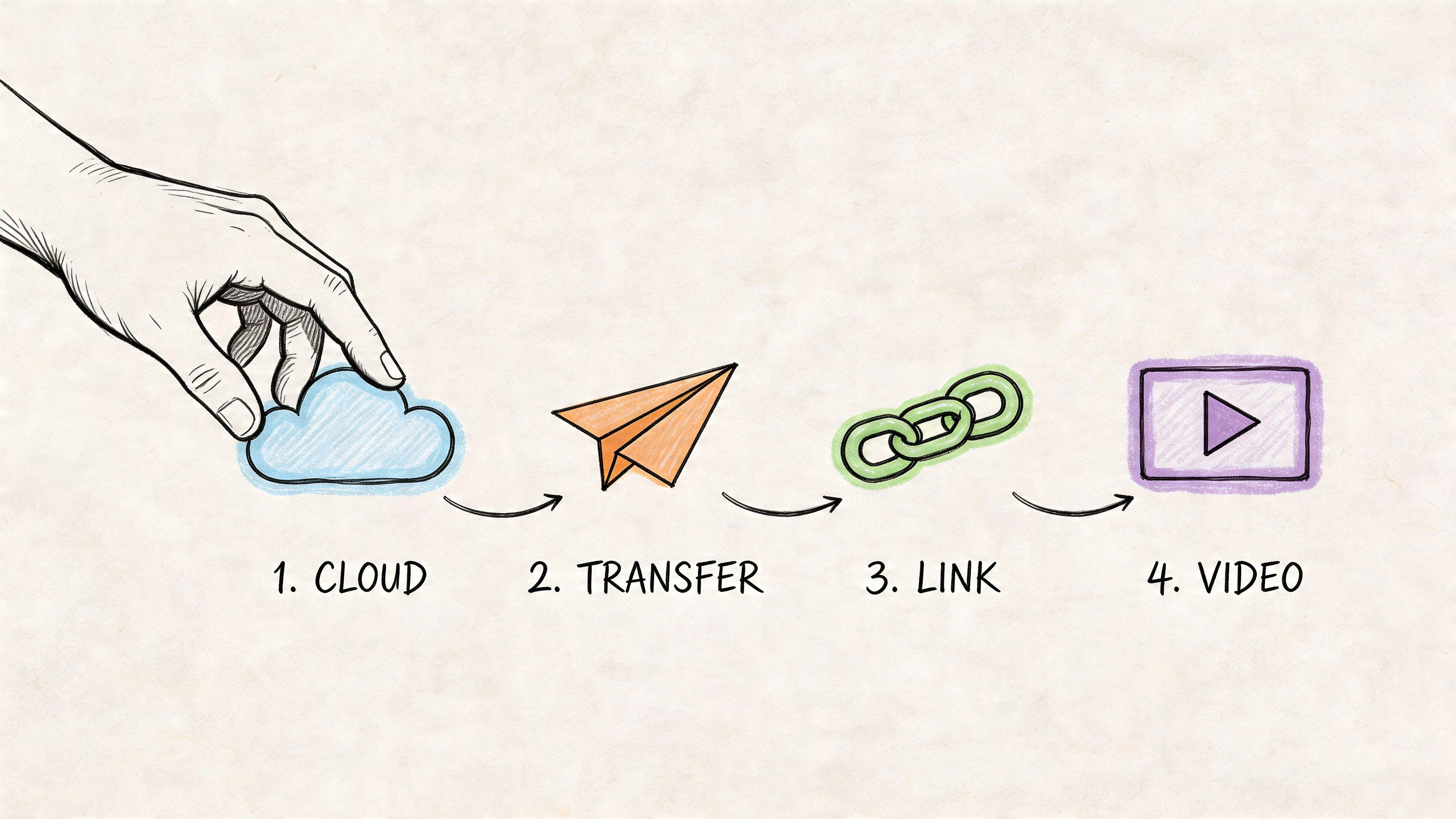 A hand touches a cloud icon leading to a paper plane, link chain, and video play button.