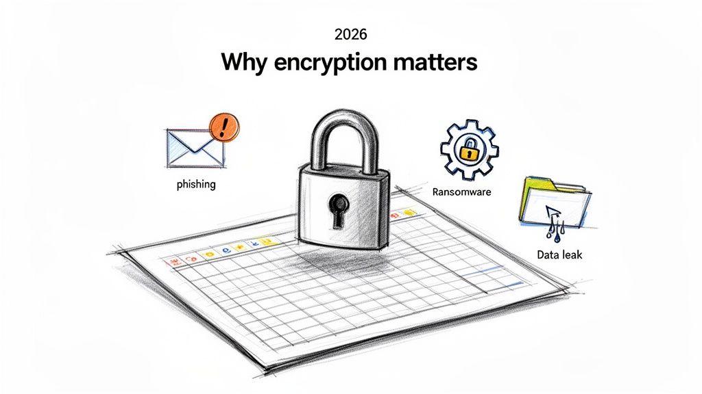 A padlock on a spreadsheet with icons for phishing, ransomware, and data leaks, highlighting why encryption matters.