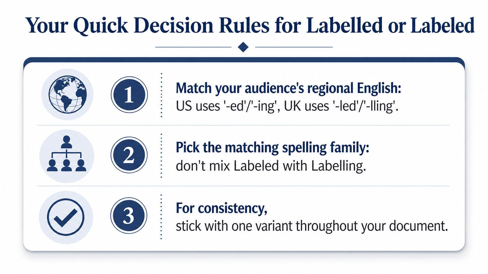 A graphic featuring three numbered rules for choosing between the spellings labelled or labeled based on region.