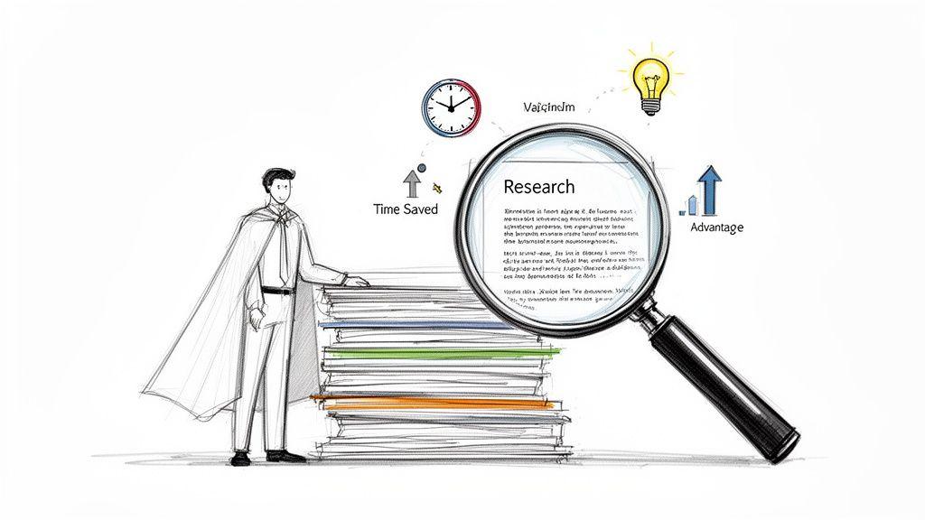 Drawing of a superhero businessman with research papers, a magnifying glass, and icons for time and advantage.