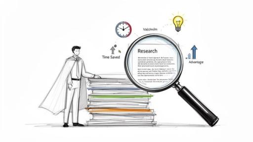 Drawing of a superhero businessman with research papers, a magnifying glass, and icons for time and advantage.