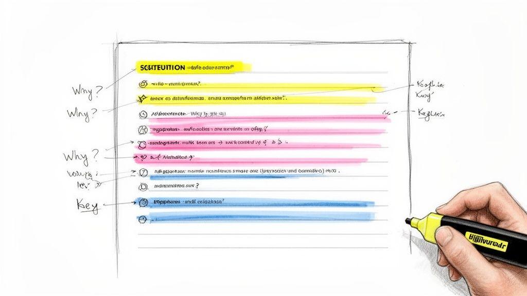 A hand highlights handwritten notes on a study page with a yellow marker, demonstrating a reading strategy.