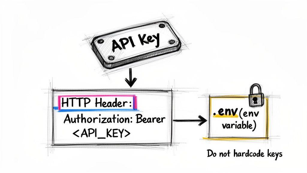Diagram illustrating secure API key handling, showing it loaded from an environment variable into an HTTP Authorization header.