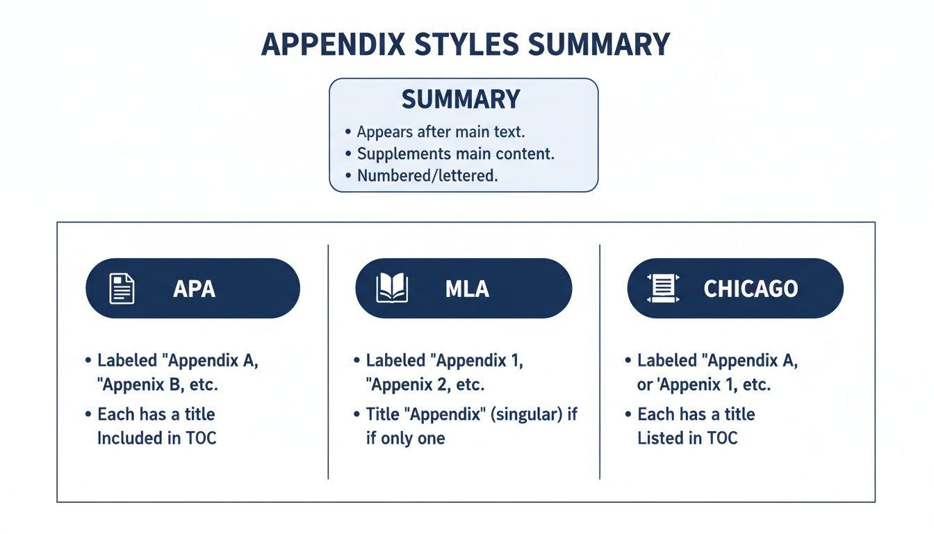 A summary table outlining appendix styles for APA, MLA, and Chicago formats, detailing labeling and titles.
