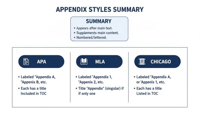A summary table outlining appendix styles for APA, MLA, and Chicago formats, detailing labeling and titles.