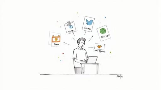 Person at laptop with digital literacy tools including verify, source, trace, and algorithm icons