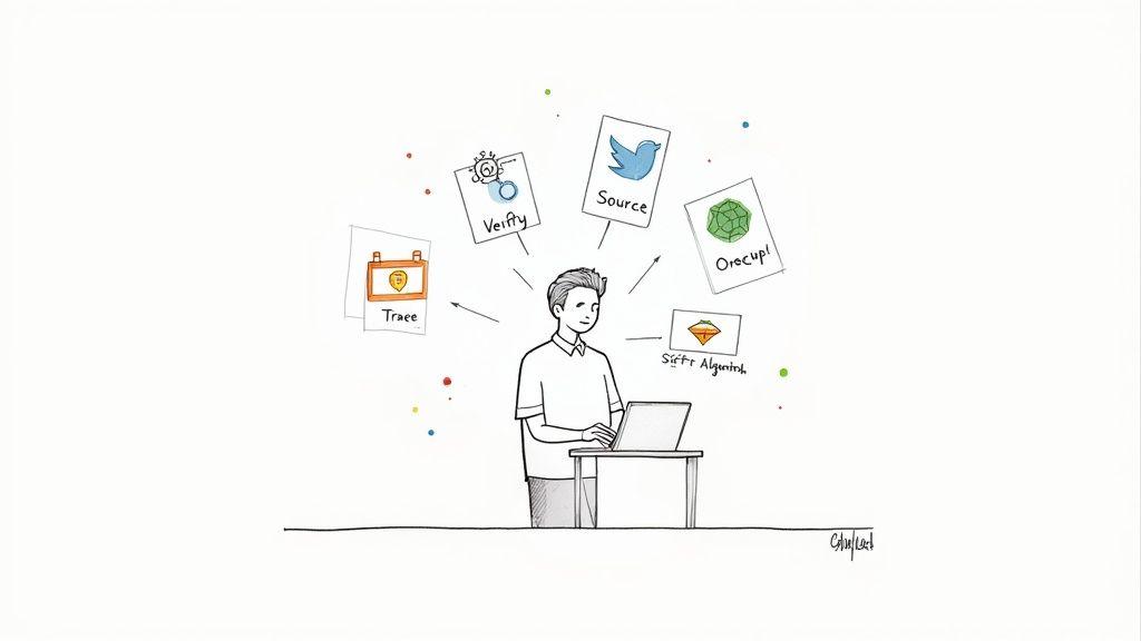 Person at laptop with digital literacy tools including verify, source, trace, and algorithm icons