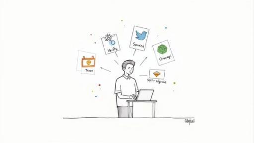 Person at laptop with digital literacy tools including verify, source, trace, and algorithm icons