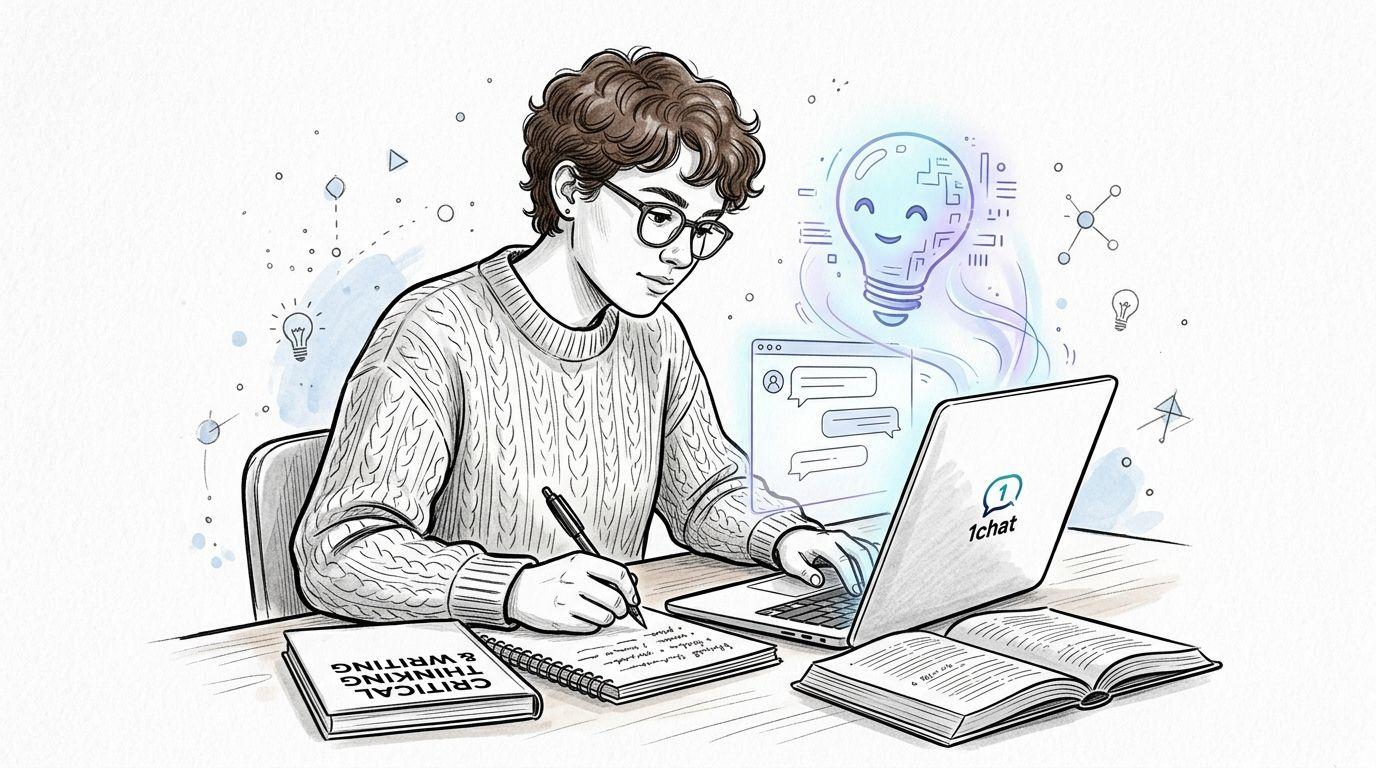 A student focused on writing a high school essay while using a laptop and study materials.