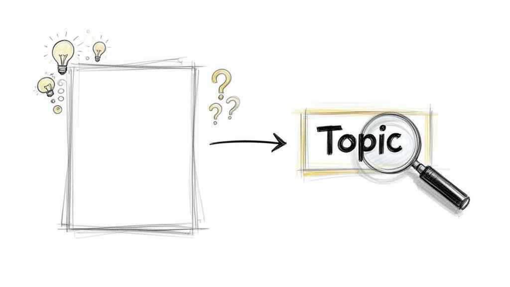 A visual metaphor showing ideas and questions leading to the selection of a specific research topic.