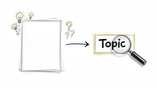 A visual metaphor showing ideas and questions leading to the selection of a specific research topic.