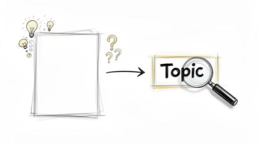 A visual metaphor showing ideas and questions leading to the selection of a specific research topic.