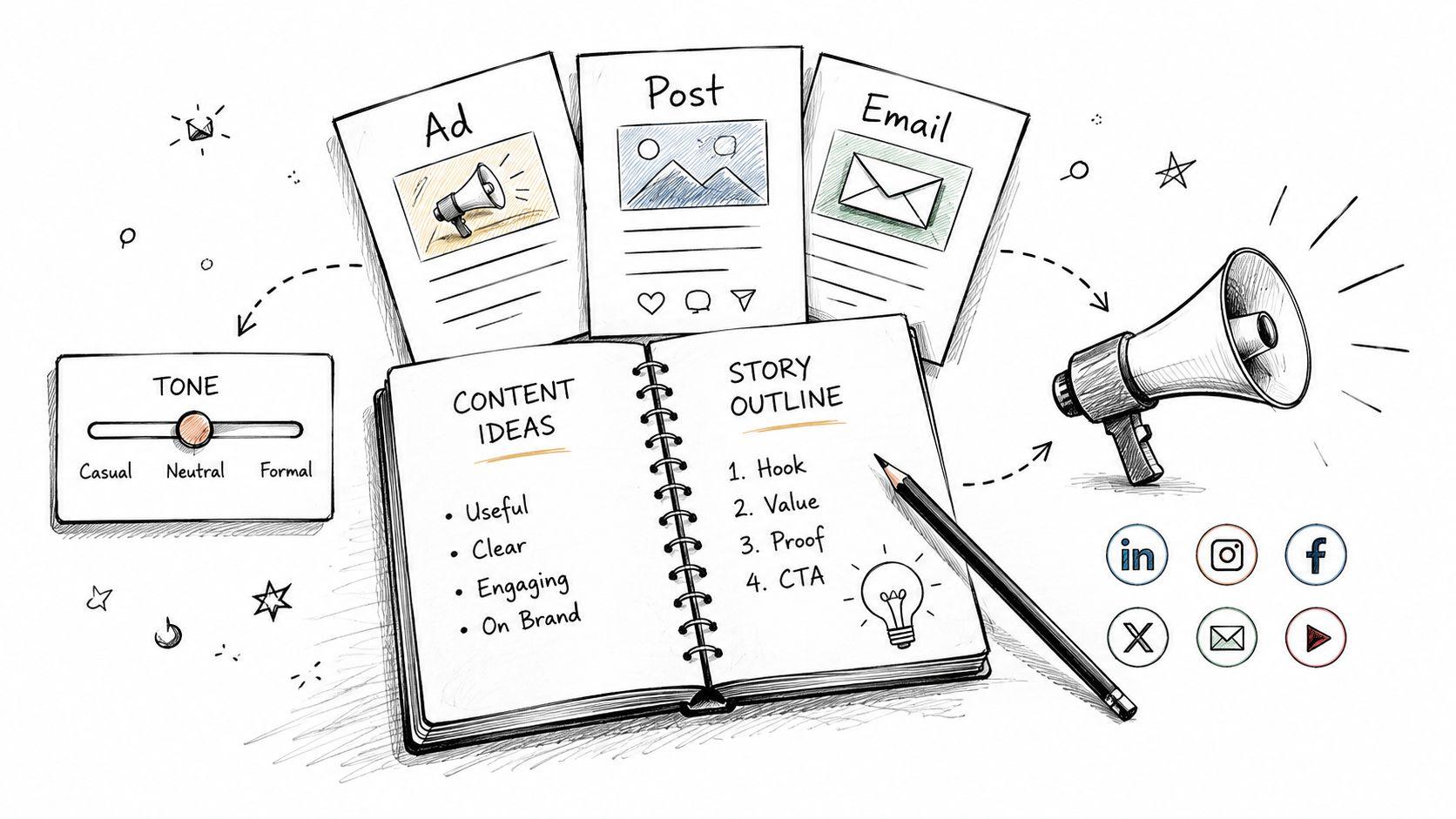 A hand-drawn illustration depicting marketing content strategy, including a notebook, tone slider, and various digital platforms.