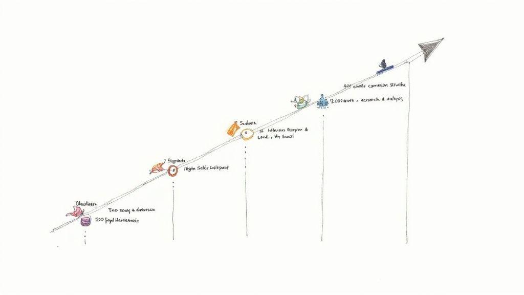 A hand-drawn timeline diagram illustrating different stages of a project with associated descriptions and word counts.