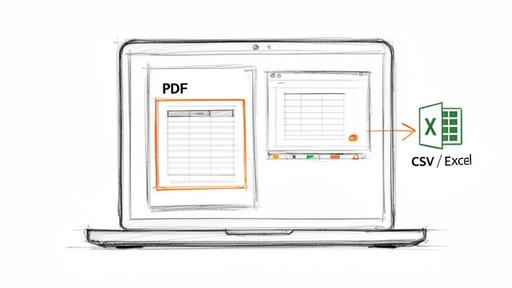 Sketch of a laptop screen converting a table from a PDF document to CSV or Excel.