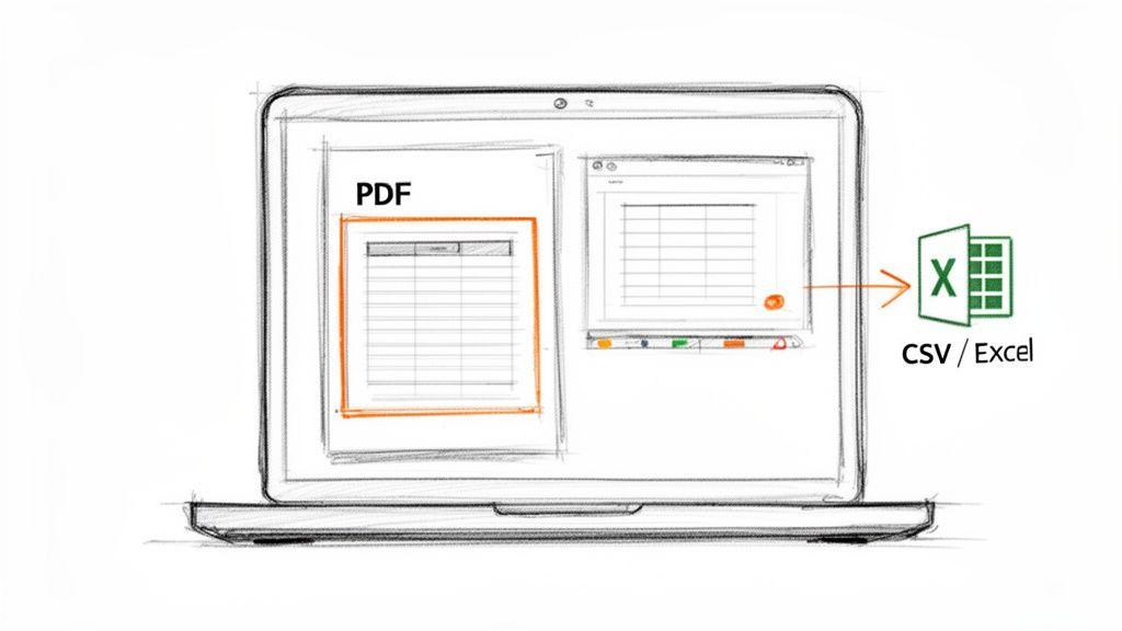 Sketch of a laptop screen converting a table from a PDF document to CSV or Excel.