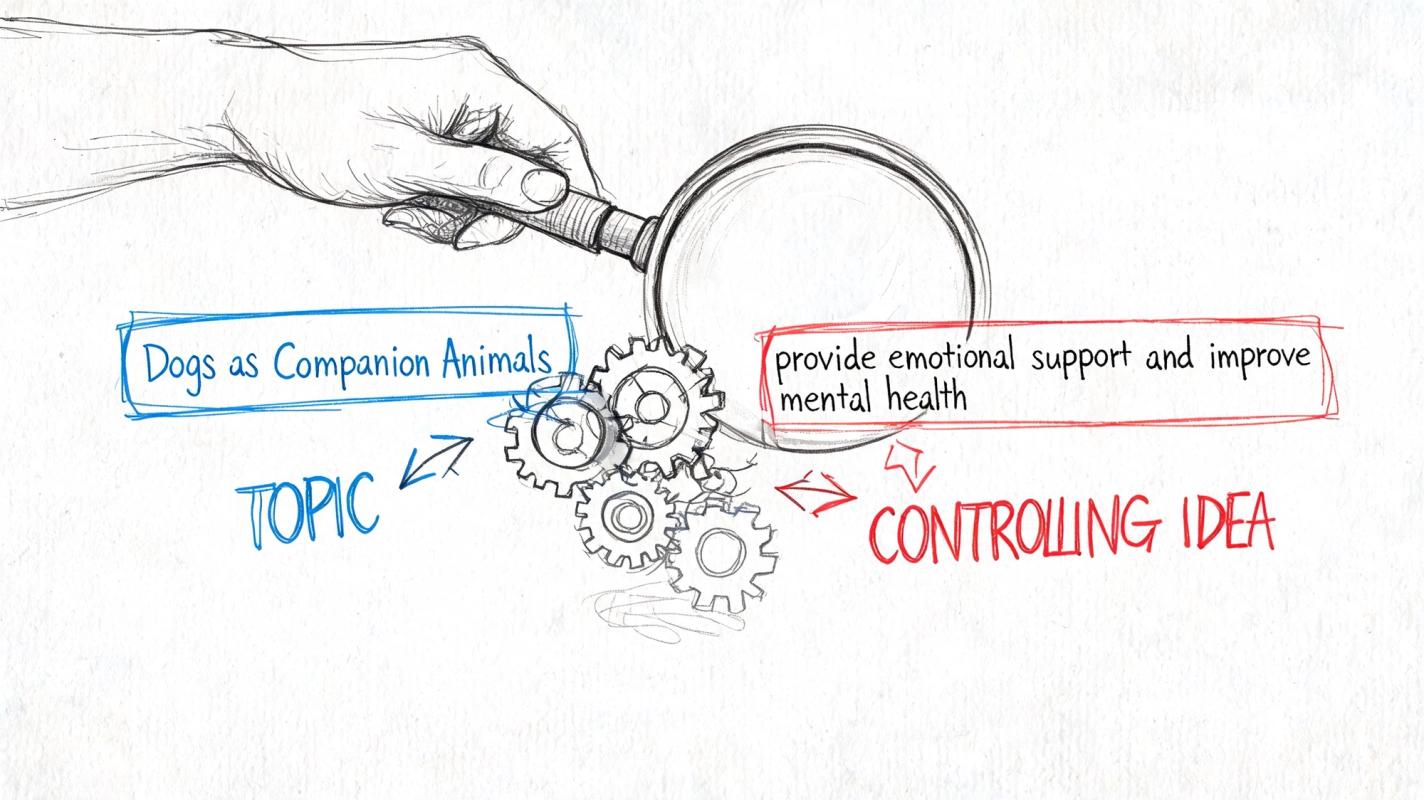 A hand holding a magnifying glass over a diagram showing the structure of a strong topic sentence.