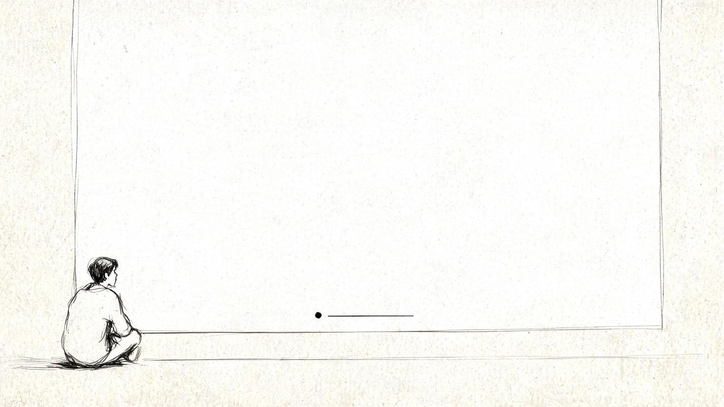 A hand-drawn illustration of a person sitting and looking at a large blank white display board.