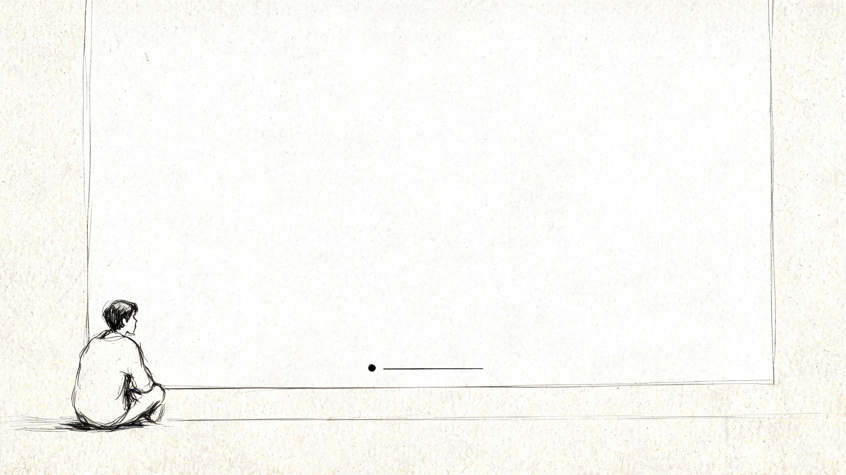 A hand-drawn illustration of a person sitting and looking at a large blank white display board.