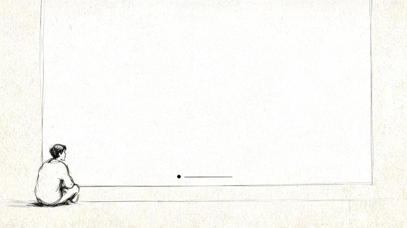 A hand-drawn illustration of a person sitting and looking at a large blank white display board.