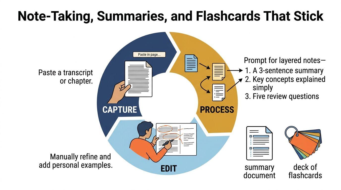 A diagram illustrating a three-step cycle for effective note-taking using AI: capture, process, and edit.