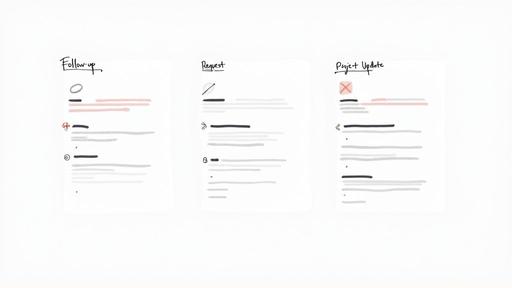 A visual guide showing different elements for professional email types like follow-up, request, and project updates.